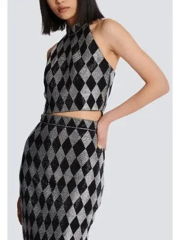 Women’s Black and Silver Diamond Rhinestone Halterneck Top and Midi Skirt Set