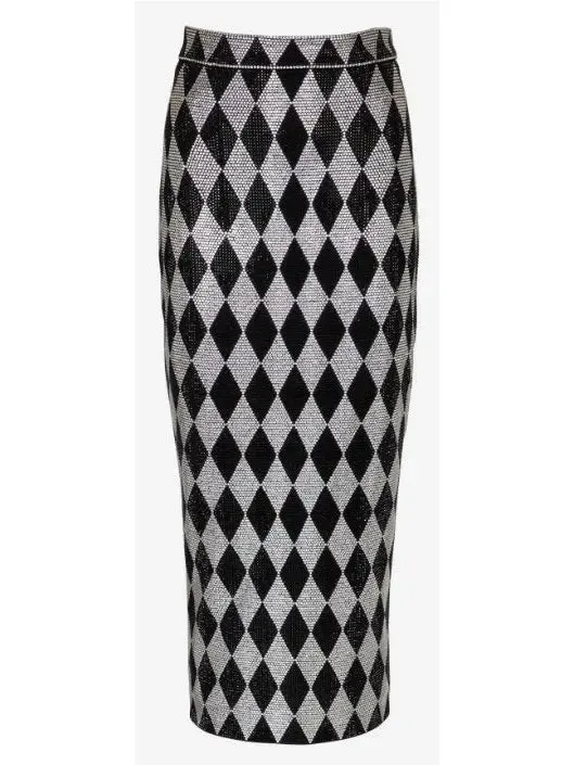 Women’s Black and Silver Diamond Rhinestone Halterneck Top and Midi Skirt Set