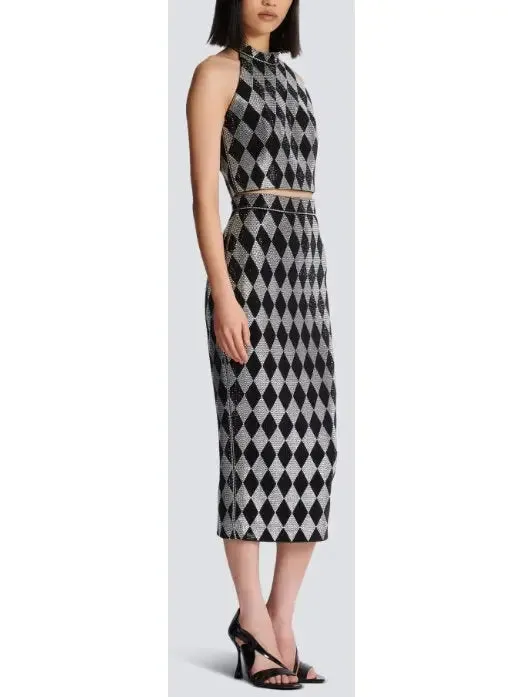 Women’s Black and Silver Diamond Rhinestone Halterneck Top and Midi Skirt Set