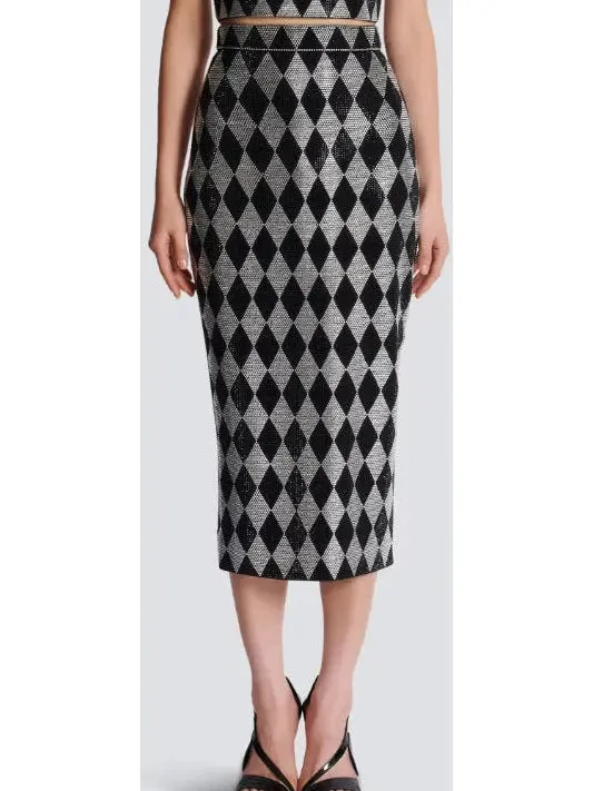 Women’s Black and Silver Diamond Rhinestone Halterneck Top and Midi Skirt Set