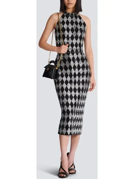 Women’s Black and Silver Diamond Rhinestone Halterneck Top and Midi Skirt Set