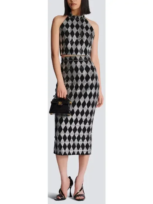 Women’s Black and Silver Diamond Rhinestone Halterneck Top and Midi Skirt Set